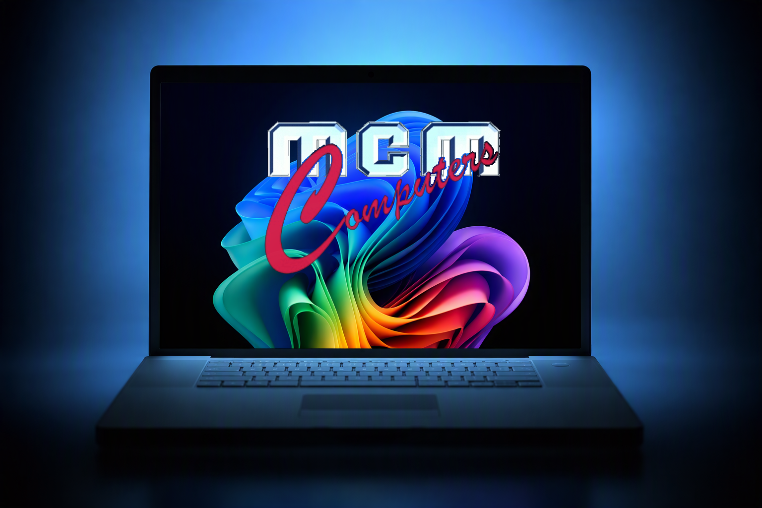 Laptop met MCM-logo op het scherm